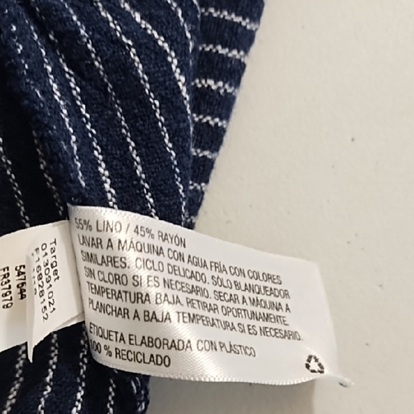 Navy & White Stripe Linen Blend Button Down Shirt Dress Ruffle Hem Knee Length - Picture 9 of 14